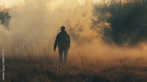Man on smoky field  