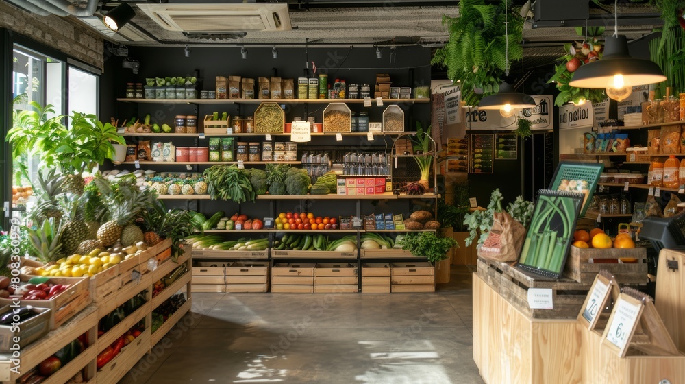 Stylish market shop offering a wide selection of fresh vegetables and eco-friendly products