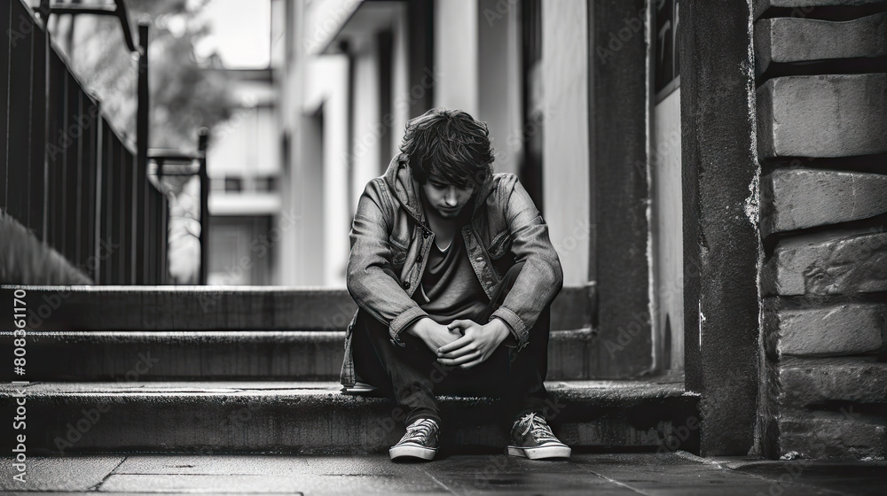 Young Man Feeling Depressed and Lonely in Urban Setting, Sitting Alone on City Steps