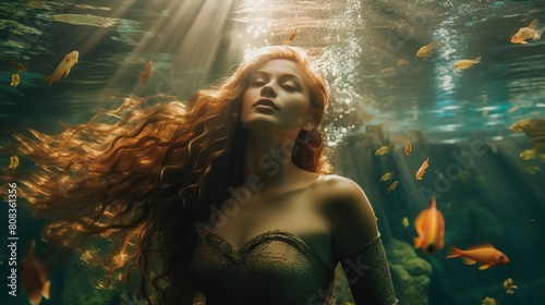 Ethereal Underwater Portrait Of A Woman With Long Red Hair Amidst Sunlit Fish