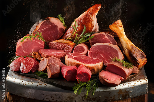  various cuts of meat, showcasing their richness and texture. Arrange the meat cuts on a rustic butcher's block or grill
