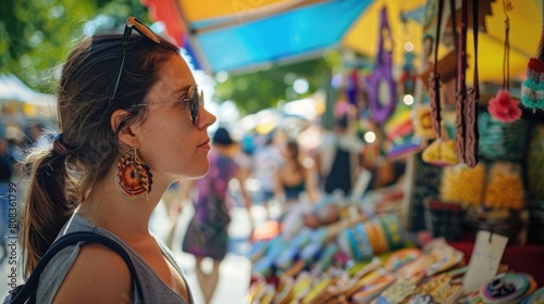 A woman adorned with earrings is enjoying the colorful display at a market in the city. Her fashion accessories add a touch of glamour to the vibrant event, attracting a crowd of onlookers AIG50 © Summit Art Creations
