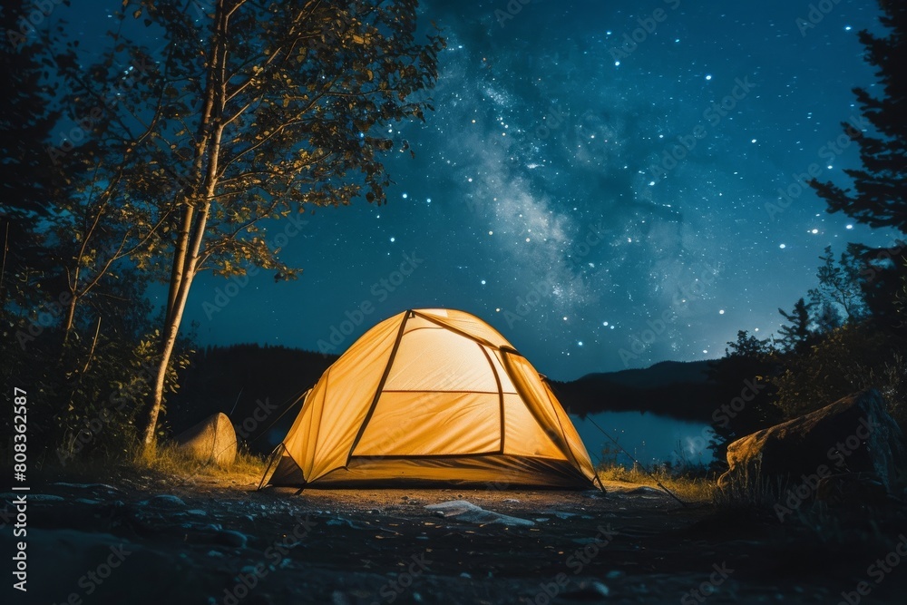 Illuminated yellow tent under a starry night sky, capturing the essence of outdoor camping and adventure. Ideal for travel, nature, and camping-themed projects. Stunning night photography.