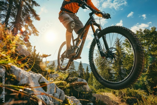 Mountain biker riding on a rocky trail in a forest with the sun shining brightly. Concept of adventure, extreme sports, and outdoor activities. Perfect for biking, travel, and adventure-themed project © Gregory O'Brien