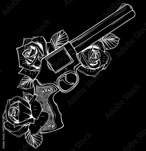 white silhouette of Gun and rose on black background illustration