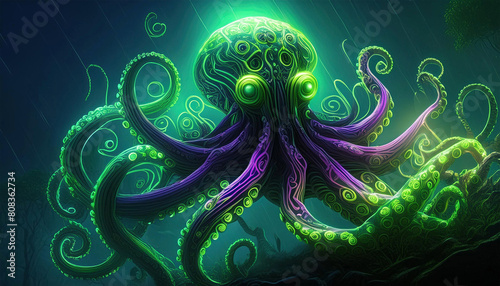 Octopus with green and purple neon, detailed, illustration.