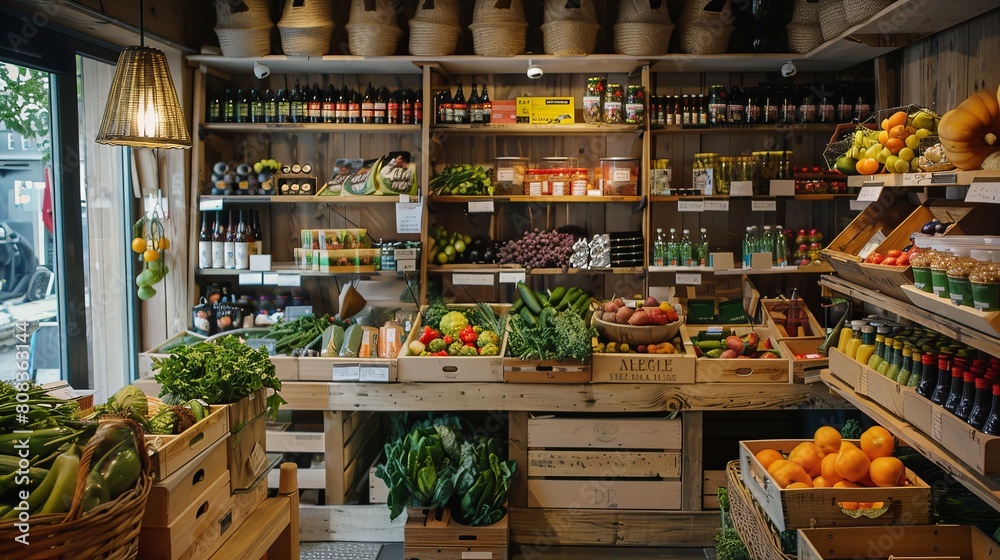 Stylish market shop showcasing a variety of fresh vegetables and eco-friendly products