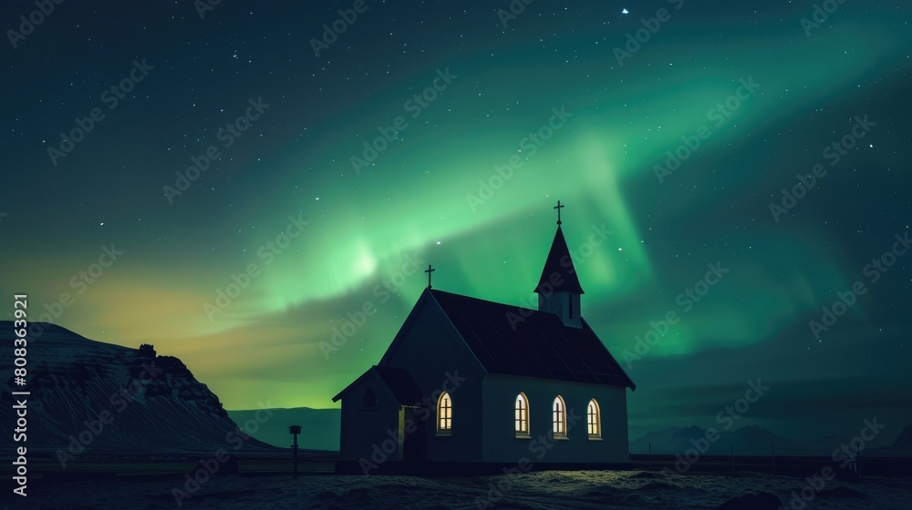 Aurora and small church at Iceland