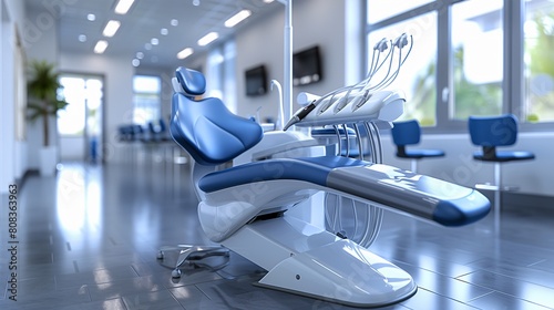 Modern dental chair in a clean and bright dental office  highlighting advanced dental care technology. 