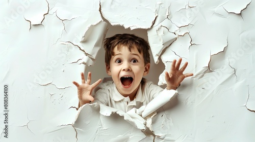 Młody chłopiec, odziany w karlito, robiący minę przez dziurę w ścianie w białym tle z okazji Dnia Dziecka © Artur48