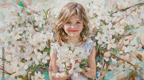 Obraz przedstawia małą dziewczynkę trzymającą bukiet kwiatów. Dziewczynka ma jasne włosy i uśmiecha się. Kwiaty są kolorowe i ułożone w bukiet