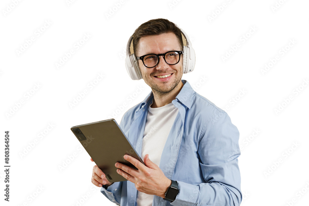 A man consultant with glasses uses a tablet, online work in an application, cut isolated A man consultant with glasses uses a tablet, online work in an application, cut isolated