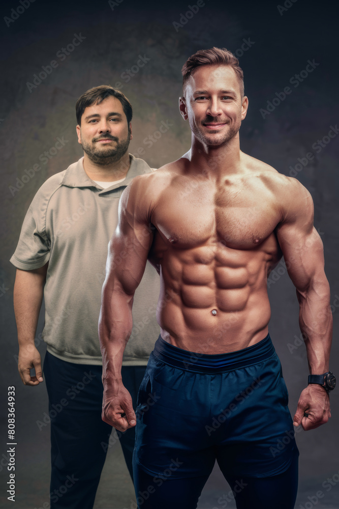 Fototapeta premium A fit man with a shirtless body standing next to another fat one, AI