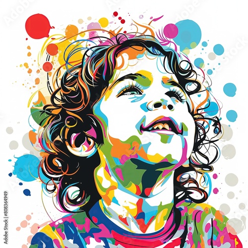 Na obrazie widoczny jest portret dziecka z kolorowymi plamami farby rozmazanymi po twarzy. Malunek wykonany jest w stylu pop-art  na bia  ym tle