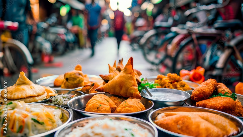 Indian or Pakistani street food, group of bowls filled with food on a table in front of people, AI