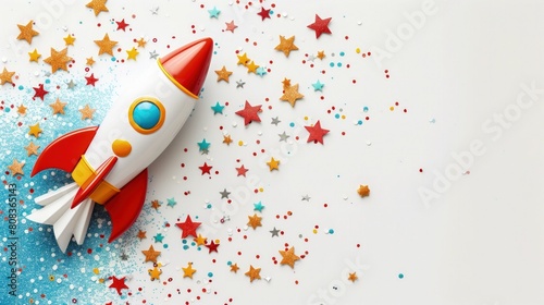 Na białym tle widać papierową rakietę otoczoną gwiazdami, symbolizującą dziecięcą zabawę w wyprawy kosmiczne w dniu dzieci photo