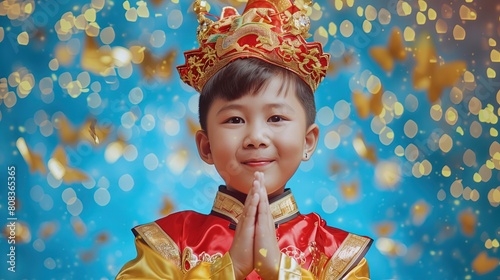 Młody chłopiec ubrany w czerwono-złoty strój z koroną na głowie, właśnie obchodzi Dzień Dziecka photo