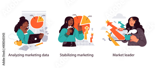 Data analysis concept. Teamwork of business analysts charts and diagrams of sales and operational reports - set of business concept illustrations. Visual stories collection.