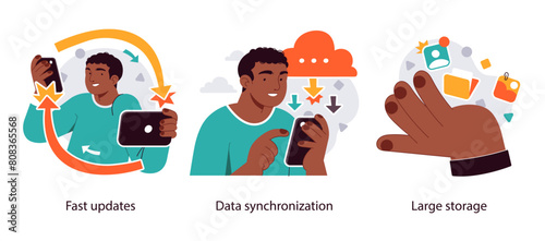 Cloud document access and sharing service - set of concept illustrations. Visual stories collection