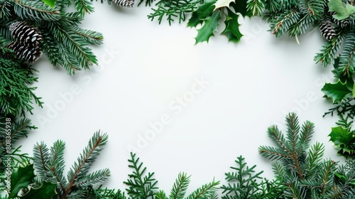 Top-down view of a festive green frame made from pine branches, holly leaves, and pine cones, with white space in the center. photo