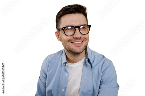Portrait of manager man with glasses smiling friendly man, cut isolated