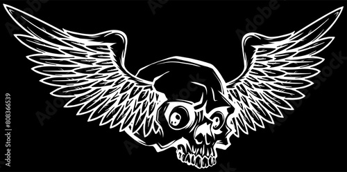 white silhouette of skull with wings on black background