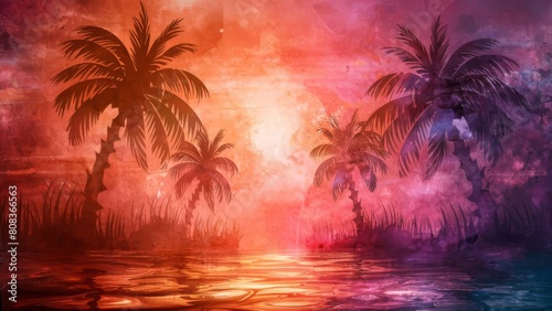 a tropical sunset, with hues of orange, pink, and purple blending together in a dreamy and atmospheric composition. palm tree silhouettes and shimmering reflections on the water © cherif
