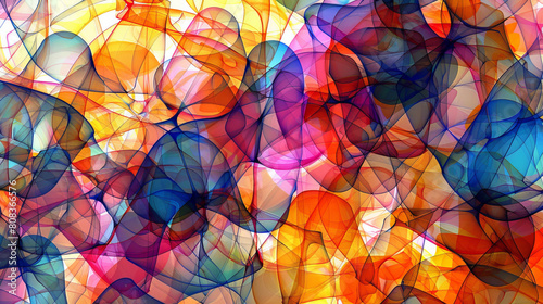 Stained glass-style artwork featuring colorful  interconnected circles on a geometric background in a blend of cool and warm hues