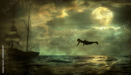 Peter Pan asleep floating in the air above an ocean