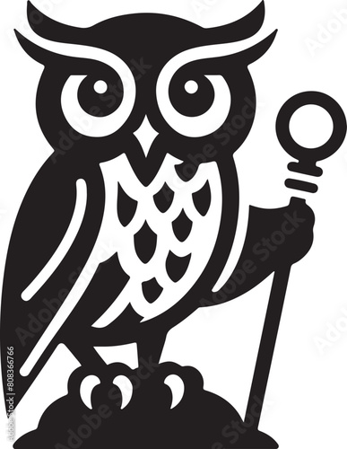 an owl with a magnifying glass is shown in black and white.