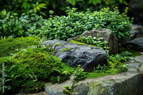 mossy rock garden with lush plants and stones landscape photo