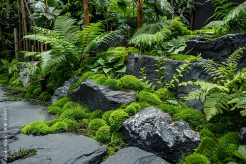 mossy rock garden with lush plants and stones landscape photo