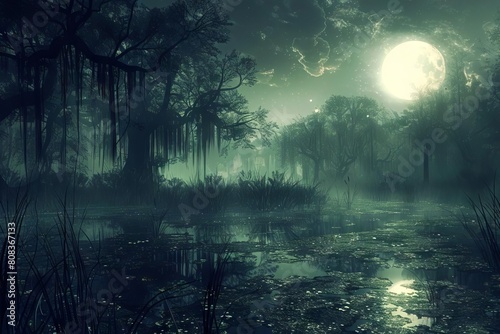 mystical swamp at night enchanting moon illuminating misty wetlands fantasy landscape