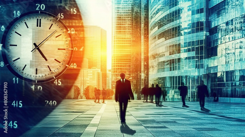 Business Professionals Walking in Modern Cityscape with Clock Overlay Indicating Fast-Paced Life © AS Photo Family