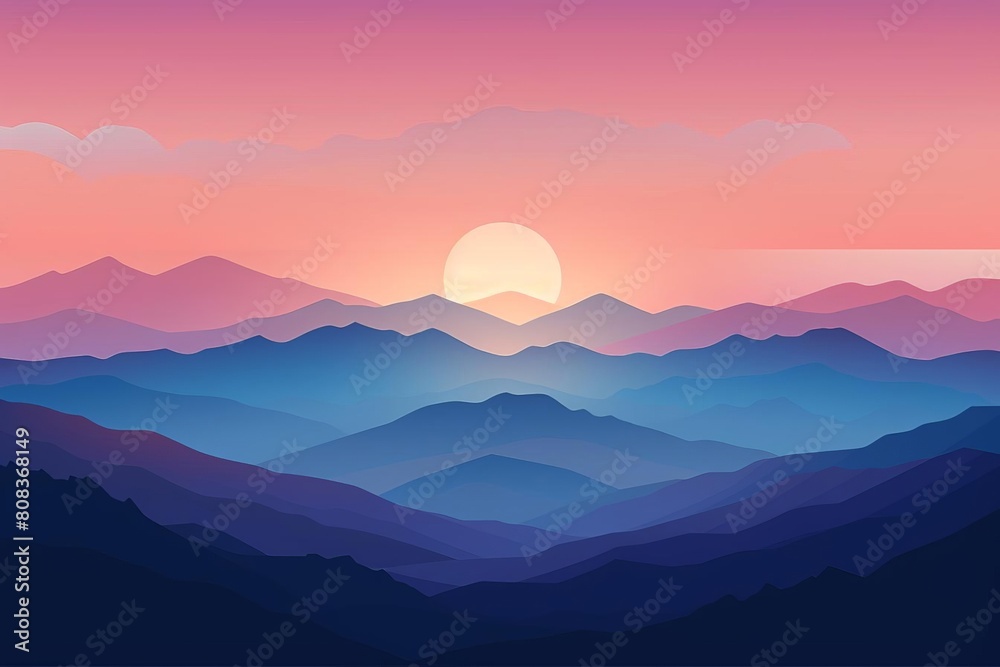 A beautiful mountain range with a large sun in the sky