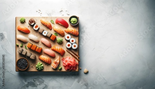 Japanese seafood sushi set, white marble background.