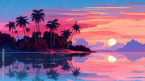 Tropical Island Sunset with Palm Trees and Reflective Water