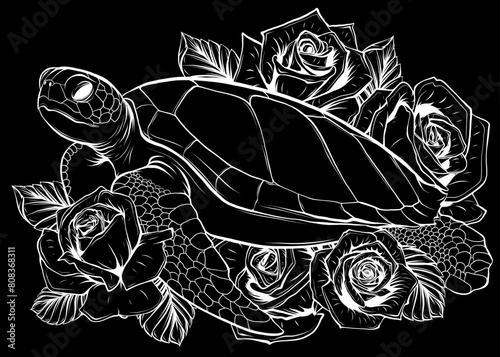 white silhouette of sea turtle with roses on black background