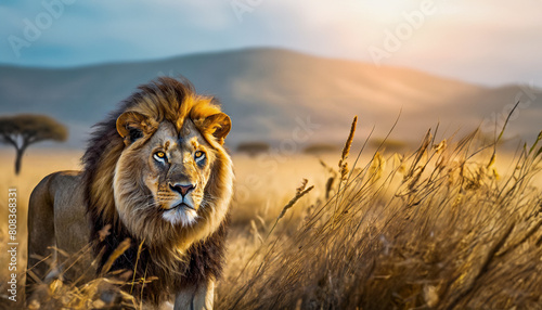 Großer Löwe in der Savanne beobachtet Umgebung bei Sonnenschein mit Bergen im Hintergrund photo