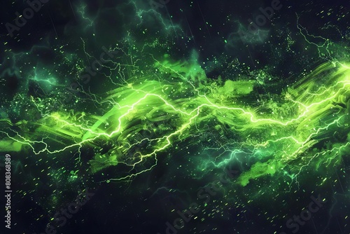 intense neon green lightning bolt illuminating dark stormy sky abstract digital illustration © furyon