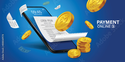 Bill of expenses is on mobile phone.Pay bills with mobile phone.Online shopping spending.Online shopping via smartphone.Bill payment flat isometric vector concept of mobile payment, shopping, banking.
