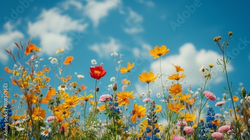 Meadow flowers on a blue sky background. Horizontal photo with copy space.