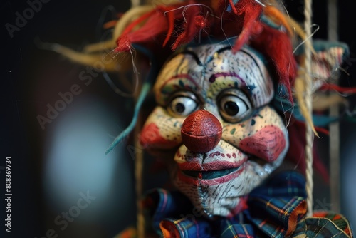 Scary puppet clown, spooky doll. Halloween party terrifying scene  photo