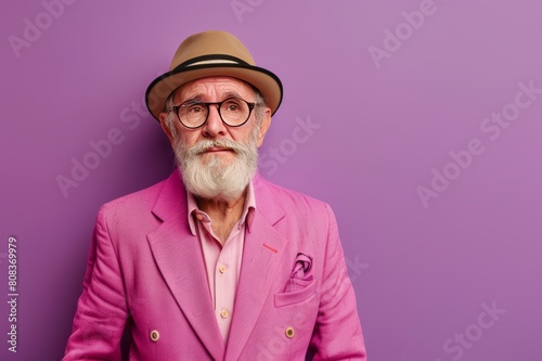 A posing old man leaning against a purple wall. A senior model posing.