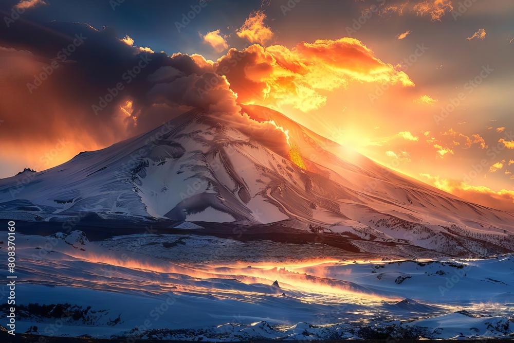 majestic snowcapped volcano erupting at sunset landscape photography