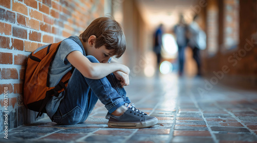 sad and bullied middle school boy student sitting on the hallway floor by himself, head down, outcast