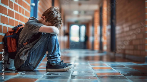 sad and bullied middle school boy student sitting on the hallway floor by himself, head down, outcast photo