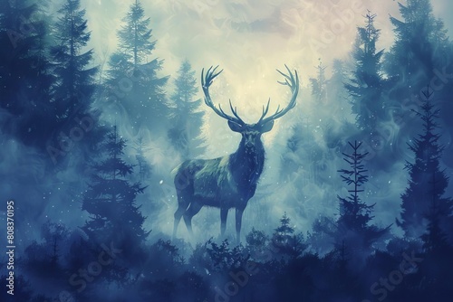 majestic stag in enchanted misty forest mythical creature digital painting