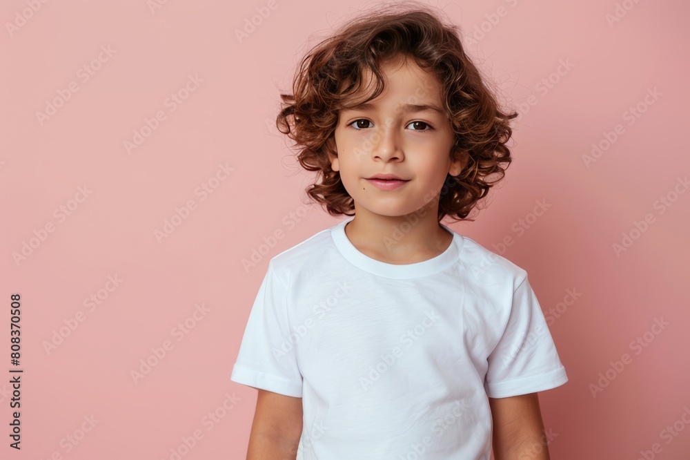 A little boy stands wearing a blank white t-shirt mockup on a pink background. A little boy stands wearing a blank white t-shirt mockup on a pink background.