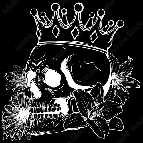 white silhouette of Beautiful romantic skull with crown and elegant wreath of flowers on black background